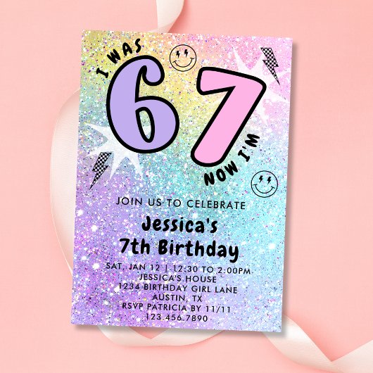Pastel Rainbow Glitter 6 7 Girl Birthday Party Einladung