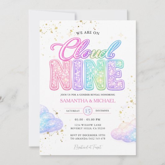 Pastel Rainbow Glitter Lettering Gender Reveal  Einladung (Vorderseite)