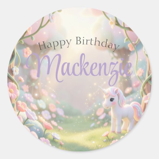 Pastel Rainbow & Glitter Unicorn Birthday Party Runder Aufkleber (Vorderseite)