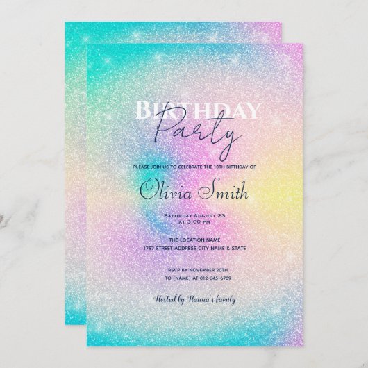 Pastel Rainbow Glitzer Gradient Einladung (Vorne/Hinten)
