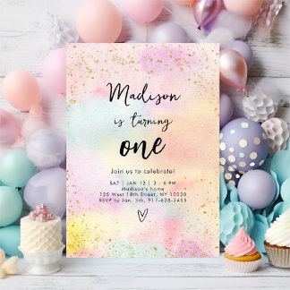 Pastel Rainbow Gold Girl zum Geburtstag Einladung