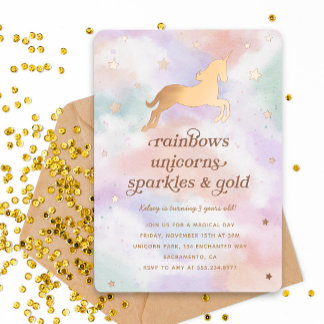 Pastel Rainbow Gold Unicorn Birthday Party Folieneinladung