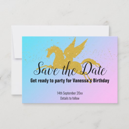PASTEL RAINBOW GOLD UNICORN SAVE THE DATE UAWG RSVP KARTE (Vorderseite)