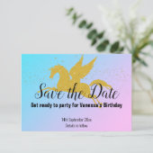 PASTEL RAINBOW GOLD UNICORN SAVE THE DATE UAWG RSVP KARTE (Stehend Vorderseite)
