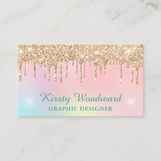 Pastel Rainbow Gradient & Gold Drilling Glitzer Visitenkarte (Vorderseite)