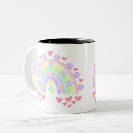 Pastel Rainbow Hearts Dog Paw Prints Zweifarbige Tasse (Vorderseite Links)