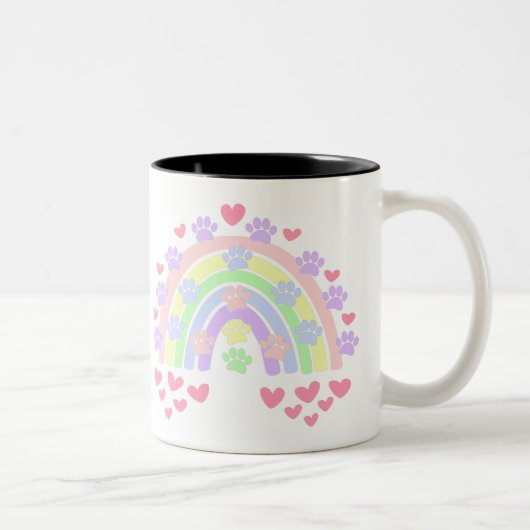 Pastel Rainbow Hearts Dog Paw Prints Zweifarbige Tasse (Rechts)