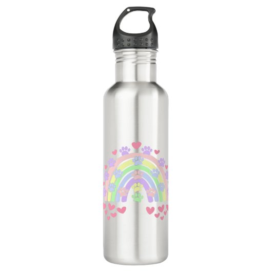 Pastel Rainbow Hearts und Dog Paw Prints Edelstahlflasche (Vorderseite)