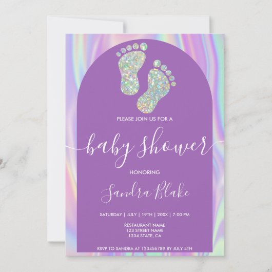Pastel Rainbow Holographic Baby Girl Shower Einladung (Vorderseite)