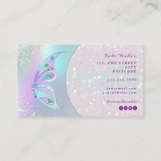Pastel Rainbow Holographic Butterfly Business Card Visitenkarte (Rückseite)