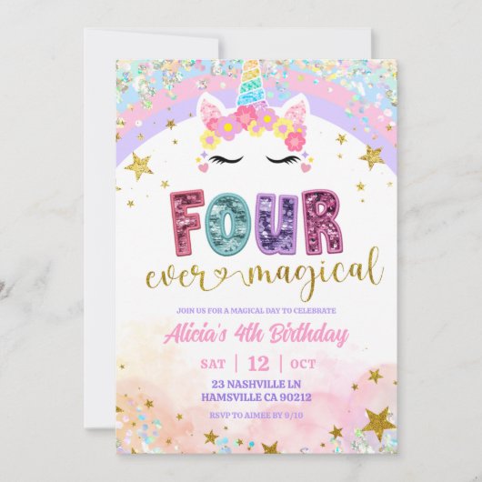 Pastel Rainbow Magical Unicorn 4th Birthday Einladung (Vorderseite)