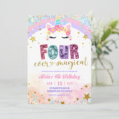 Pastel Rainbow Magical Unicorn 4th Birthday Einladung (Stehend Vorderseite)