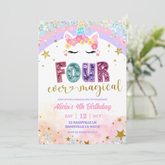 Pastel Rainbow Magical Unicorn 4th Birthday Einladung (Stehend Vorderseite)