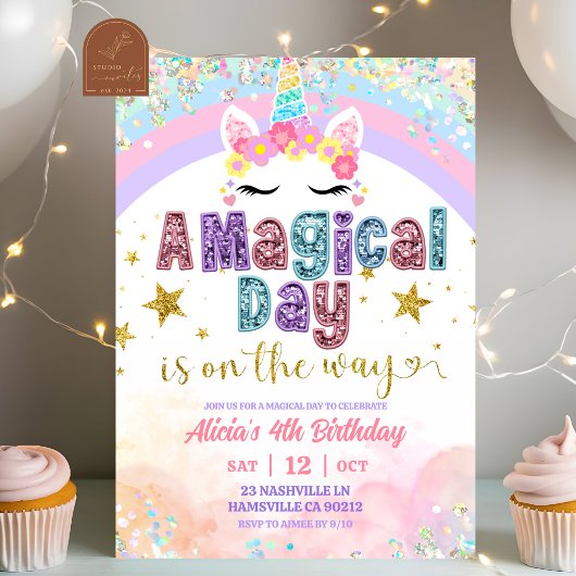 Pastel Rainbow Magical Unicorn girl birthday  Einladung