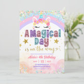 Pastel Rainbow Magical Unicorn girl birthday  Einladung (Stehend Vorderseite)
