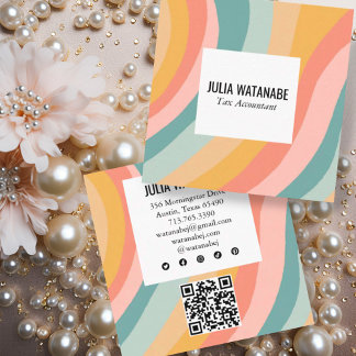 Pastel Rainbow Minimalistisch Stripes QR Social Me Quadratische Visitenkarte