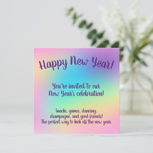 Pastel Rainbow New Year’s Party Einladung (Stehend Vorderseite)