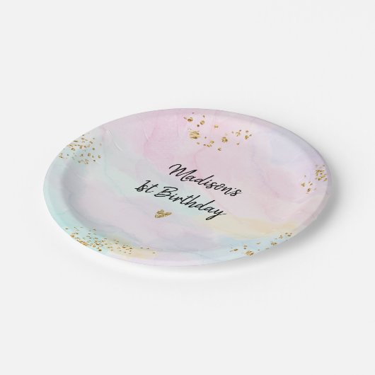 Pastel Rainbow Pink Gold Geburtstag Pappteller (Schrägansicht)