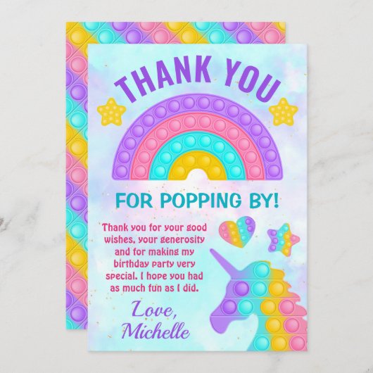 Pastel Rainbow Pop It Fidget Toy Birthday Party Dankeskarte (Vorne/Hinten)