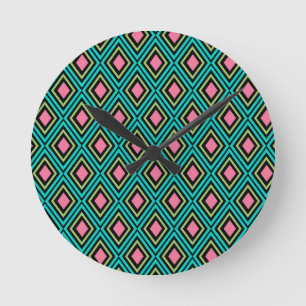 Pastel Rainbow Rhombuses Geometric Black Pink Blue Runde Wanduhr