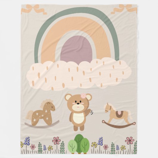 Pastel Rainbow & Rocking Horse Nursery Scene Fleecedecke (Vorderseite)