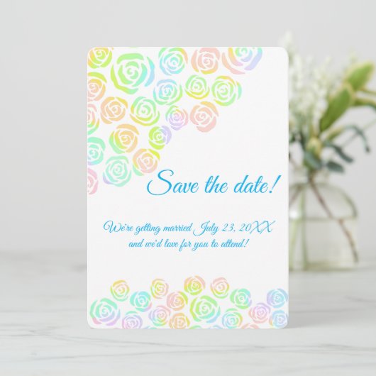 Pastel Rainbow-Rose Hochzeit Save The Date (Stehend Vorderseite)