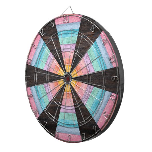 Pastel Rainbow Rustic Wood Tone Dart Board Dartscheibe (Vorderseite rechts)
