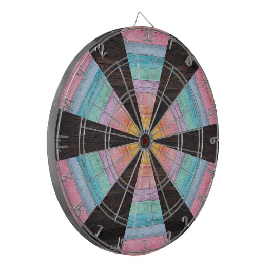 Pastel Rainbow Rustic Wood Tone Dart Board Dartscheibe (Vorderseite Links)