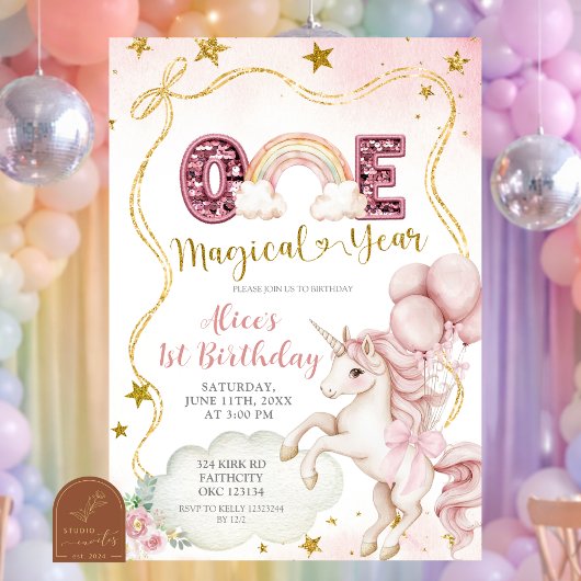 Pastel Rainbow Sequin Glitter Unicorn One Magical Einladung
