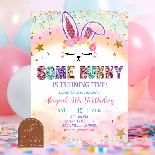 Pastel Rainbow Sequins Bunny Invitation Einladung
