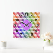 Pastel Rainbow Shaded 3D Cubes Lilac Monogram Quadratische Wanduhr (Zuhause)