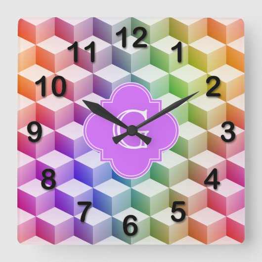 Pastel Rainbow Shaded 3D Cubes Lilac Monogram Quadratische Wanduhr (Vorderseite)