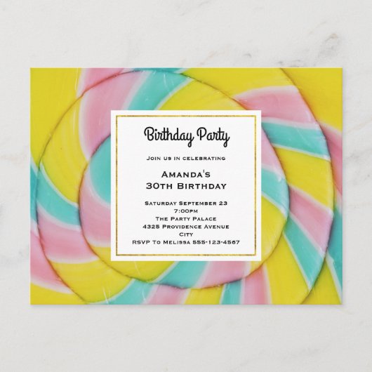 Pastel Rainbow Spiral Candy Birthday Party Postkarte (Vorderseite)