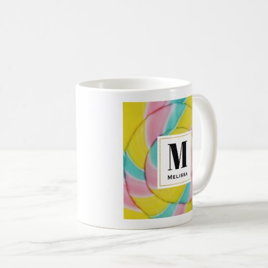 Pastel Rainbow Spiral Candy Foto Monogram Kaffeetasse (VorderseiteRechts)