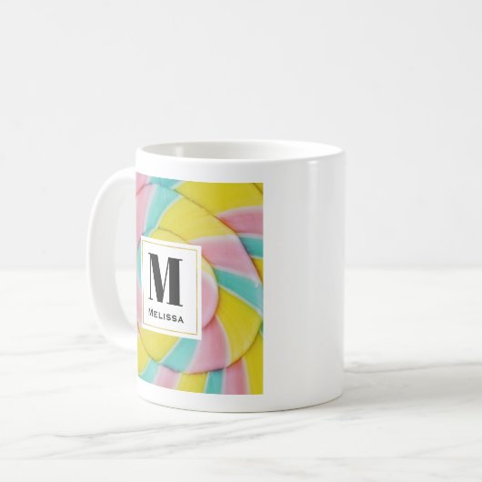 Pastel Rainbow Spiral Candy Foto Monogram Kaffeetasse (Vorderseite Links)