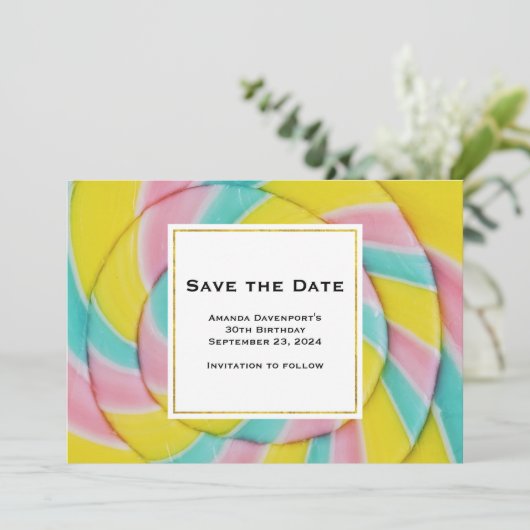 Pastel Rainbow Spiral Candy Save The Date (Stehend Vorderseite)