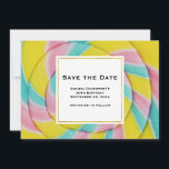 Pastel Rainbow Spiral Candy Save The Date<br><div class="desc">Save the Date Karte mit einem leckeren Foto. Ein Makro-Foto eines Lollipop. Pastellfarben in einem Spiralmuster. Blau,  rosa und gelb.</div>