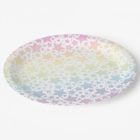 Pastel Rainbow Stars Kinderdusche einfach modern Pappteller (Schrägansicht)