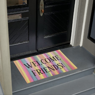 Pastel Rainbow Stripes Welcome Friends Door Mat Fußmatte