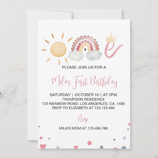 Pastel Rainbow Sunshine Einladung zum 1. Geburtsta (Vorderseite)