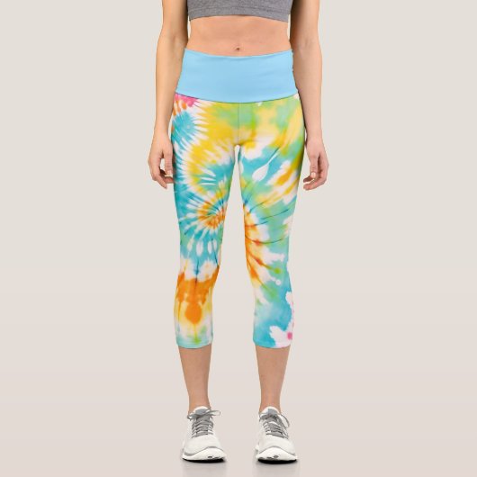 Pastel Rainbow Tie Dye Spiral Pattern Capri Leggings (Vorderseite)