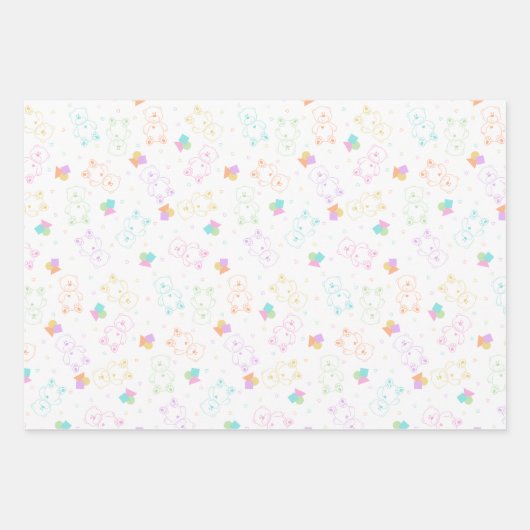 Pastel Rainbow Tossed Teddy Bears mit Herz Geschenkpapier Set (Vorderseite)