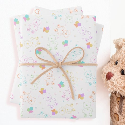 Pastel Rainbow Tossed Teddy Bears mit Herz Geschenkpapier Set