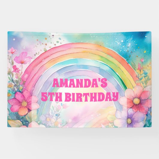 Pastel Rainbow und Blume Retro Birthday Banner (Horizontal)