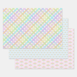 Pastel Rainbow und Gingham Kariert Geschenkpapier Set