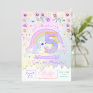 Pastel Rainbow Unicorn 5. Geburtstag Einladung