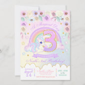 Pastel Rainbow Unicorn Dritter Geburtstag Einladun Einladung (Vorderseite)