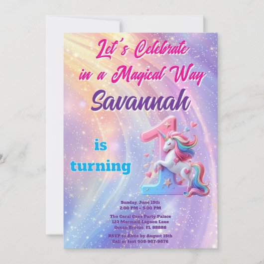 Pastel Rainbow Unicorn Einladung zum ersten Geburt (Vorderseite)