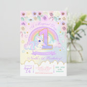 Pastel Rainbow Unicorn Einladung zum ersten Geburt (Stehend Vorderseite)