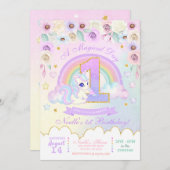 Pastel Rainbow Unicorn Einladung zum ersten Geburt (Vorne/Hinten)